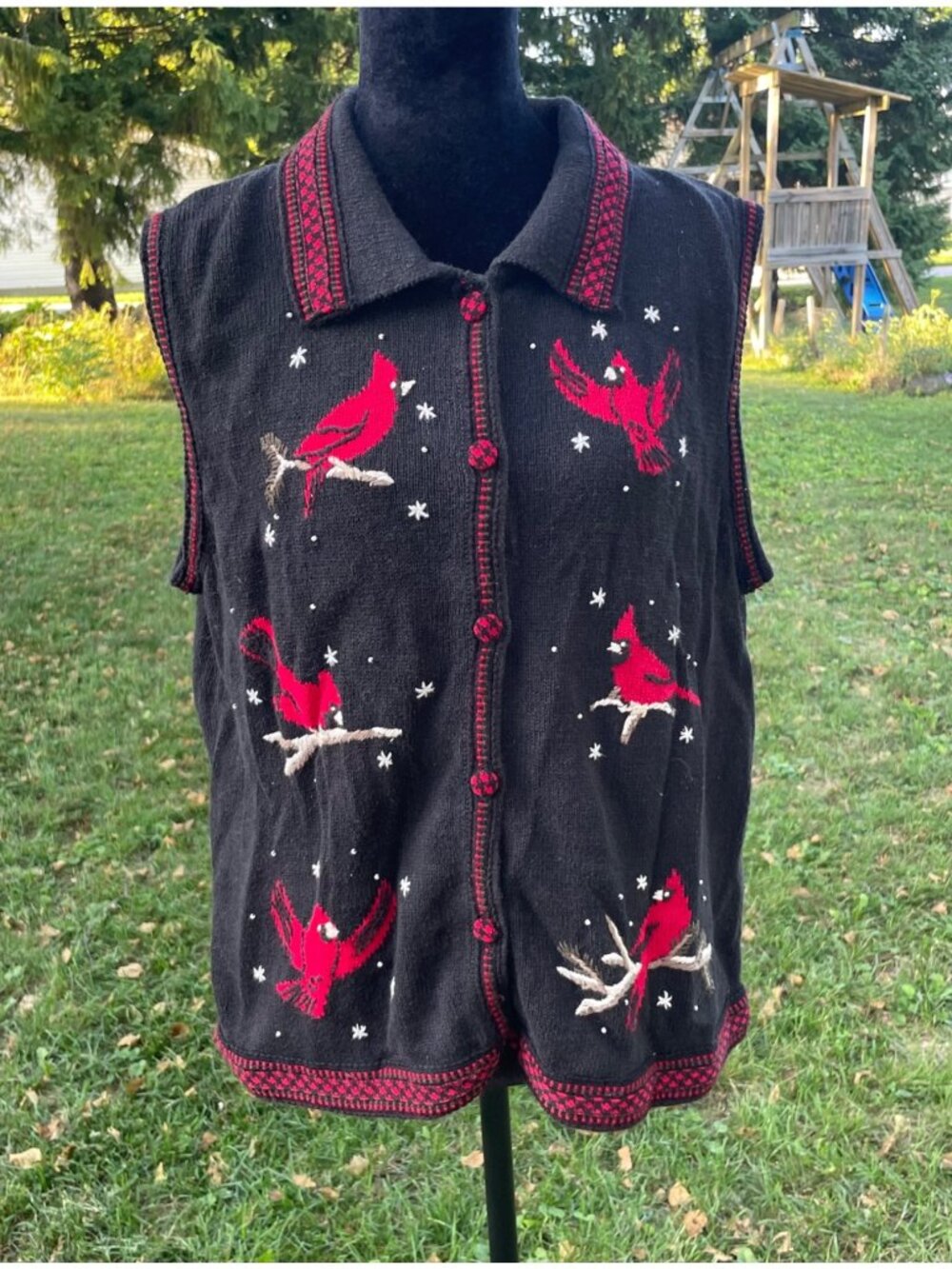 Vintage Y2K 90s Sweater Vest Black Cardinals Red Hand Embroidered Holiday  L